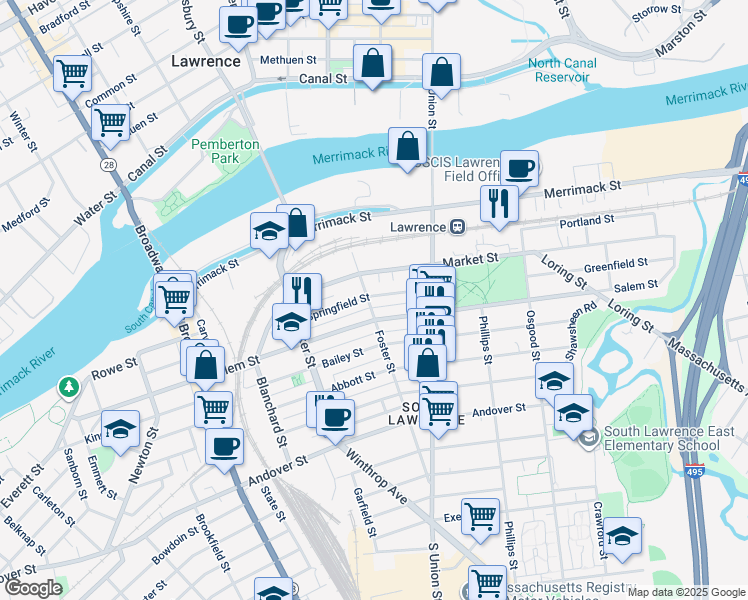 map of restaurants, bars, coffee shops, grocery stores, and more near 81 Salem Street in Lawrence