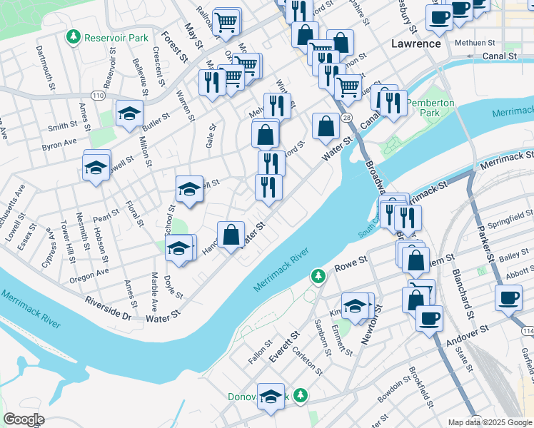 map of restaurants, bars, coffee shops, grocery stores, and more near 158 Water Street in Lawrence