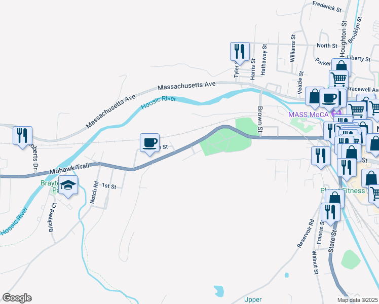 map of restaurants, bars, coffee shops, grocery stores, and more near 34 Charles Street in North Adams