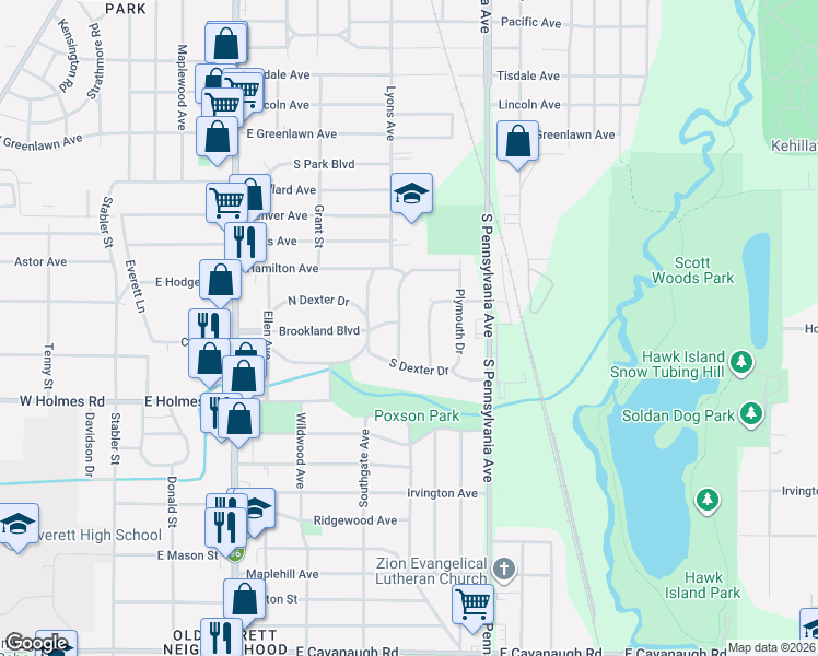 map of restaurants, bars, coffee shops, grocery stores, and more near 3215 Sablain Parkway Drive in Lansing