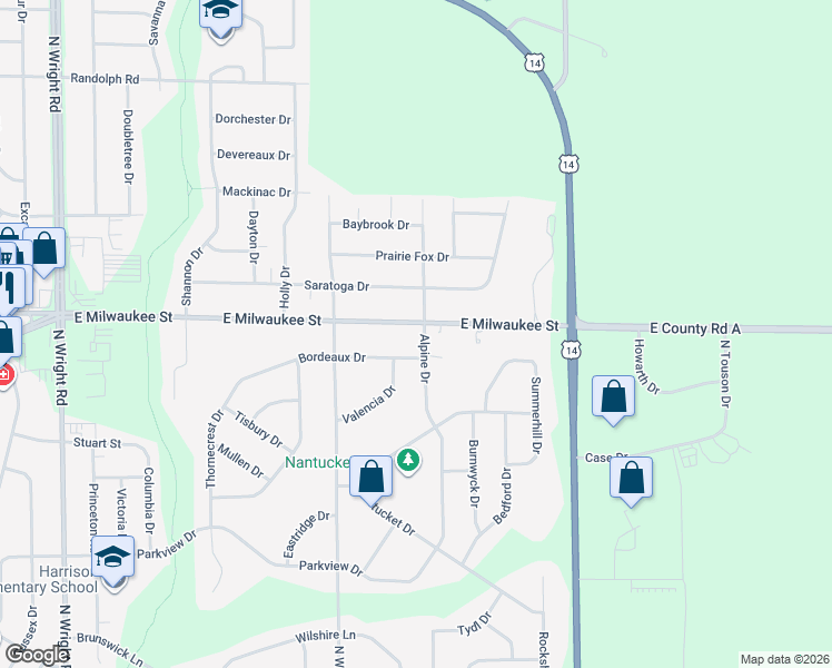 map of restaurants, bars, coffee shops, grocery stores, and more near 4257 Bordeaux Drive in Janesville