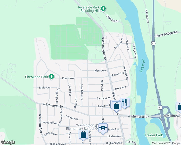 map of restaurants, bars, coffee shops, grocery stores, and more near 1702 Purvis Avenue in Janesville