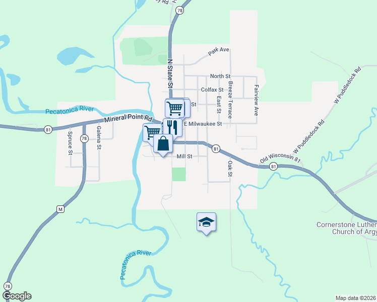 map of restaurants, bars, coffee shops, grocery stores, and more near 414 Mill Street in Argyle