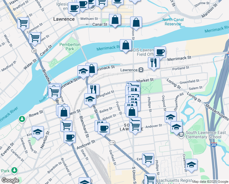 map of restaurants, bars, coffee shops, grocery stores, and more near 75 Springfield Street in Lawrence