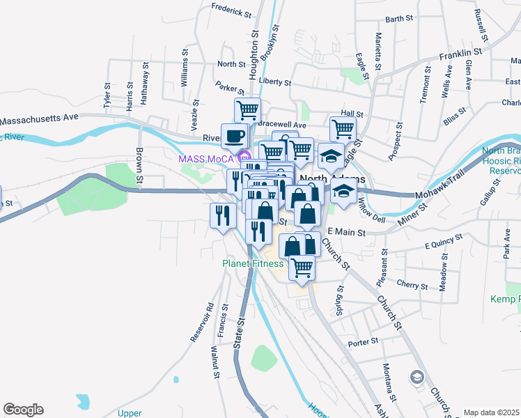 map of restaurants, bars, coffee shops, grocery stores, and more near 33 Main Street in North Adams