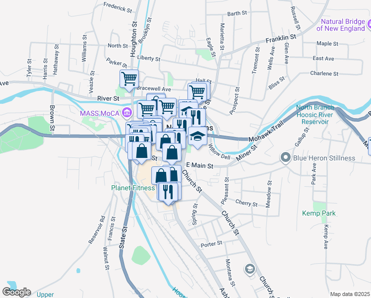 map of restaurants, bars, coffee shops, grocery stores, and more near 24 Church Street in North Adams