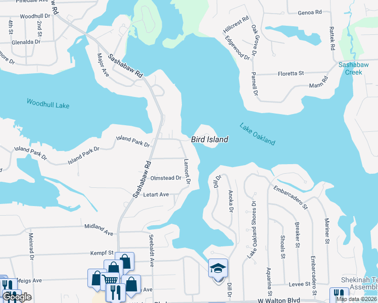 map of restaurants, bars, coffee shops, grocery stores, and more near 4156 Lamont Drive in Waterford Township