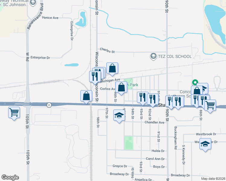 map of restaurants, bars, coffee shops, grocery stores, and more near 2923 97th Street in Sturtevant