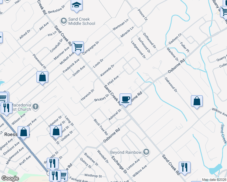 map of restaurants, bars, coffee shops, grocery stores, and more near 241 Sand Creek Road in Albany