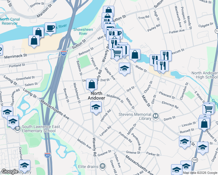 map of restaurants, bars, coffee shops, grocery stores, and more near 42 Stonington Street in North Andover