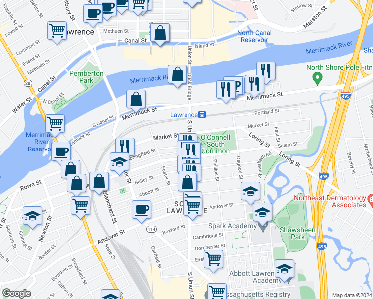 map of restaurants, bars, coffee shops, grocery stores, and more near 65 Salem Street in Lawrence