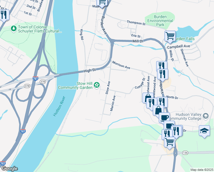 map of restaurants, bars, coffee shops, grocery stores, and more near 24 Cottage Street in Troy
