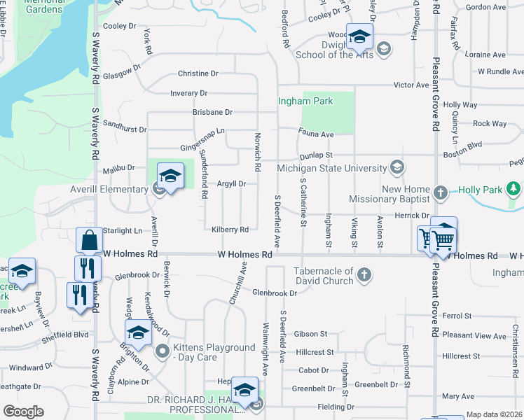 map of restaurants, bars, coffee shops, grocery stores, and more near 3224 South Deerfield Avenue in Lansing