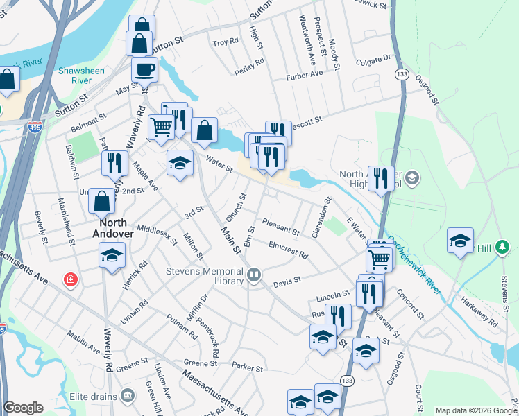 map of restaurants, bars, coffee shops, grocery stores, and more near 69 Elm Street in North Andover