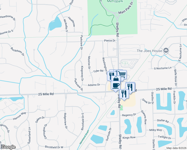 map of restaurants, bars, coffee shops, grocery stores, and more near 55143 Monroe Drive in Macomb County
