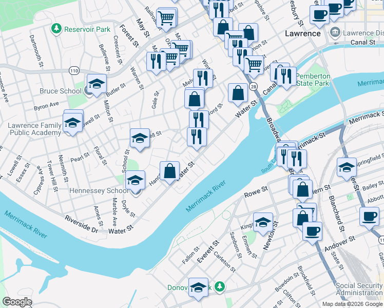 map of restaurants, bars, coffee shops, grocery stores, and more near 158 Water Street in Lawrence