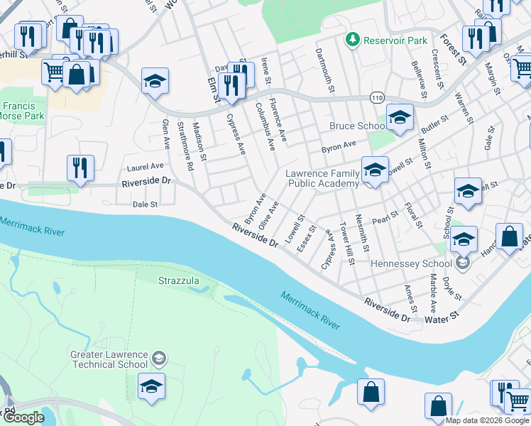 map of restaurants, bars, coffee shops, grocery stores, and more near 10 Wachusetts Avenue in Lawrence