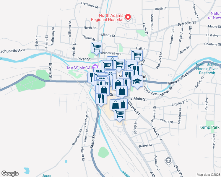 map of restaurants, bars, coffee shops, grocery stores, and more near 87 Main Street in North Adams