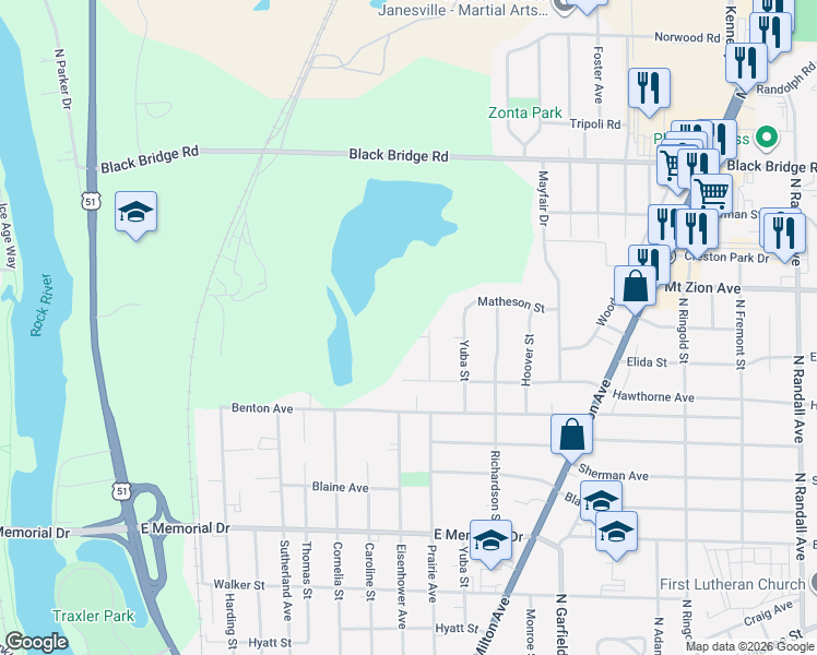 map of restaurants, bars, coffee shops, grocery stores, and more near 704 Mayapple Drive in Janesville
