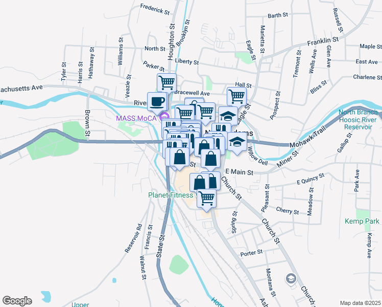 map of restaurants, bars, coffee shops, grocery stores, and more near 87 Main Street in North Adams