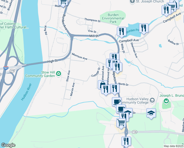 map of restaurants, bars, coffee shops, grocery stores, and more near 1 Summit Hill Way in Troy