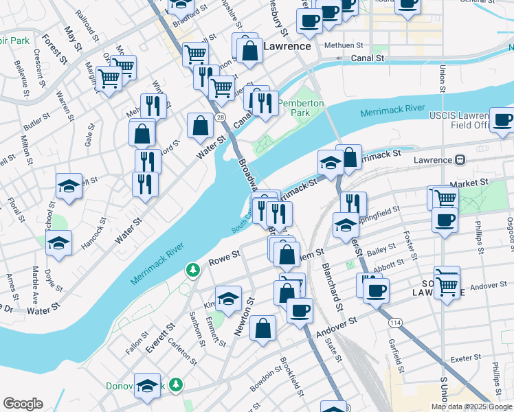 map of restaurants, bars, coffee shops, grocery stores, and more near 15 O'Leary Bridge in Lawrence