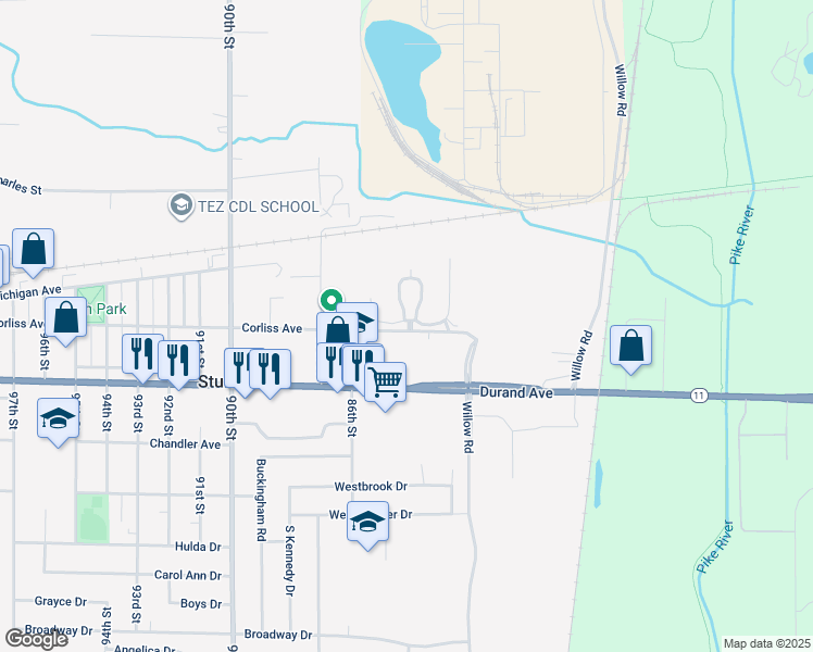 map of restaurants, bars, coffee shops, grocery stores, and more near 2761 West Pebble Circle in Sturtevant