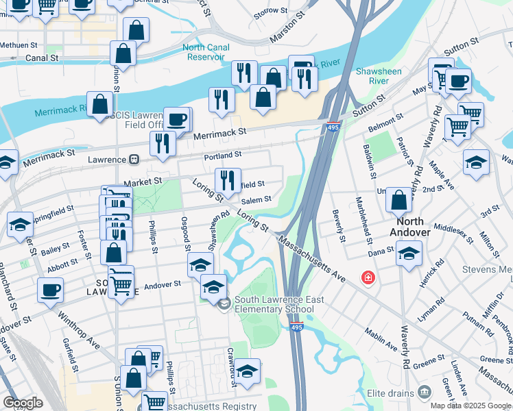 map of restaurants, bars, coffee shops, grocery stores, and more near 12 Massachusetts Avenue in North Andover