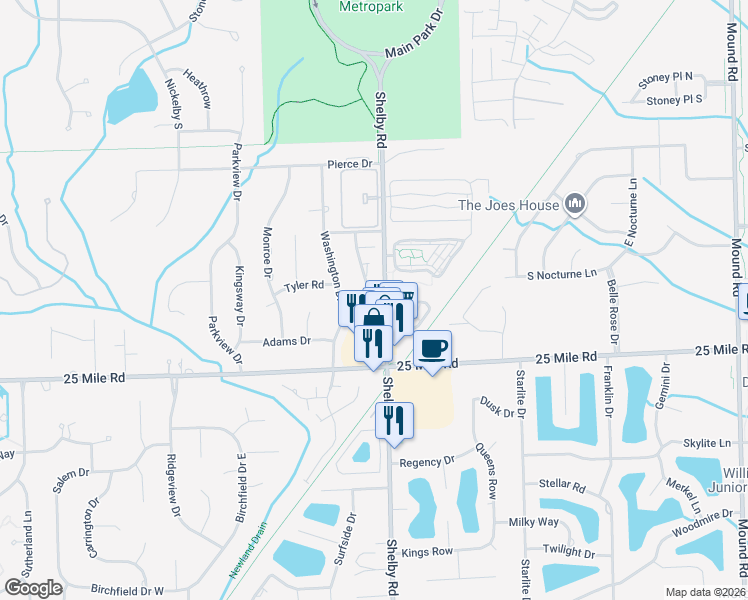 map of restaurants, bars, coffee shops, grocery stores, and more near 55210 Boardwalk Drive in Macomb County