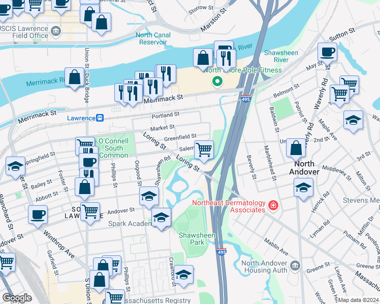 map of restaurants, bars, coffee shops, grocery stores, and more near 12 Massachusetts Avenue in North Andover