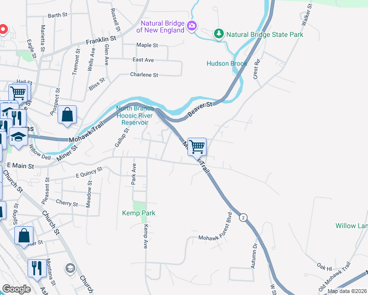 map of restaurants, bars, coffee shops, grocery stores, and more near 573-649 East Main Street in North Adams