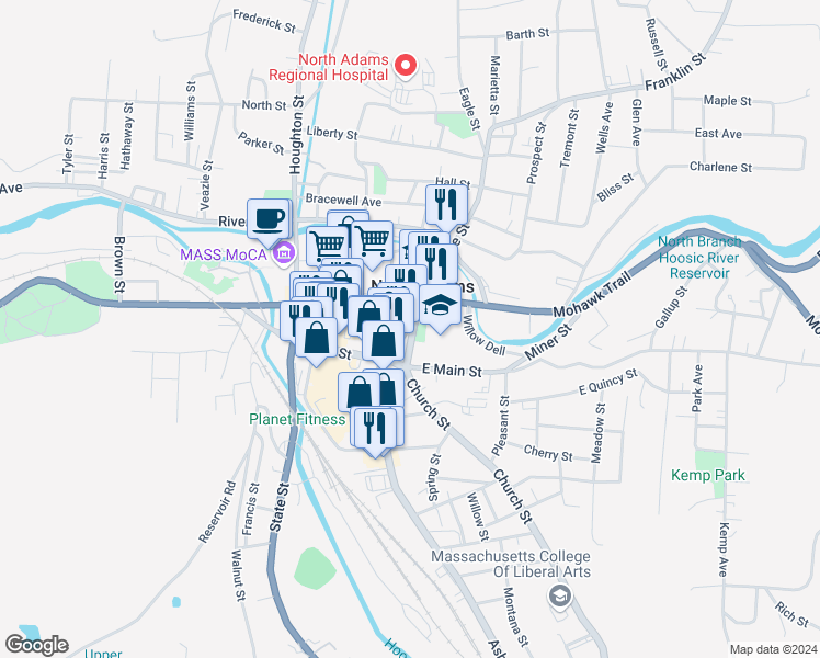 map of restaurants, bars, coffee shops, grocery stores, and more near 159 East Main Street in North Adams