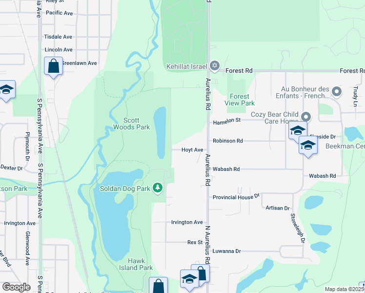 map of restaurants, bars, coffee shops, grocery stores, and more near 1833 Hoyt Avenue in Lansing