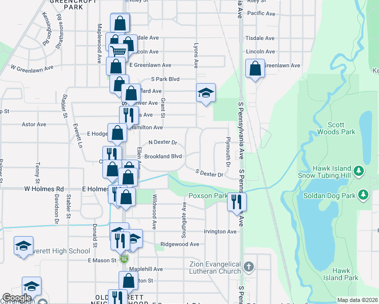 map of restaurants, bars, coffee shops, grocery stores, and more near 633 South Dexter Drive in Lansing