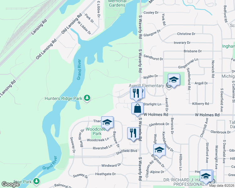 map of restaurants, bars, coffee shops, grocery stores, and more near 3946 Hunters Ridge Drive in Lansing