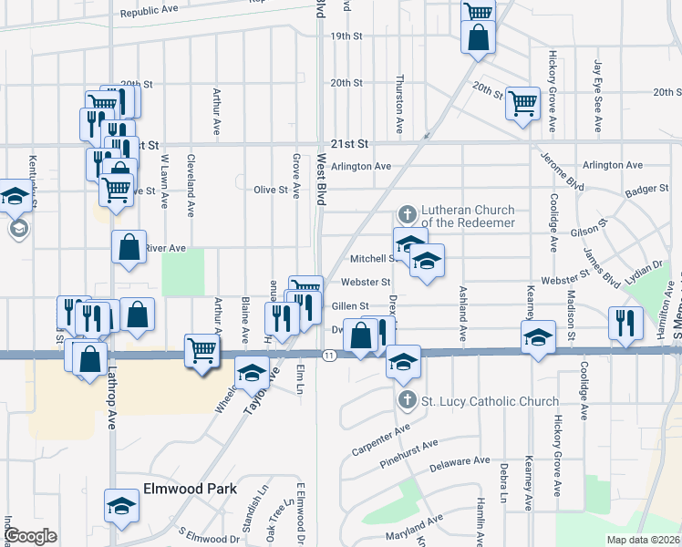 map of restaurants, bars, coffee shops, grocery stores, and more near 2915 Webster Street in Racine