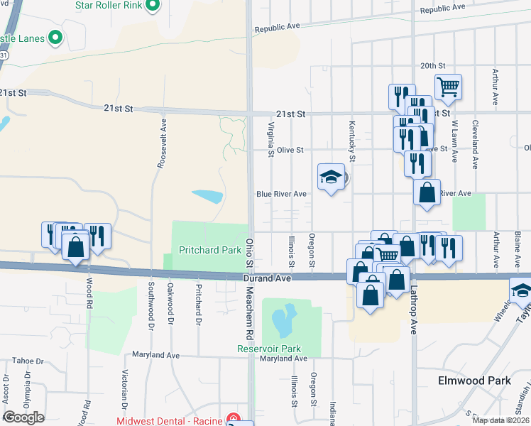 map of restaurants, bars, coffee shops, grocery stores, and more near 4616 Pierce Boulevard in Racine