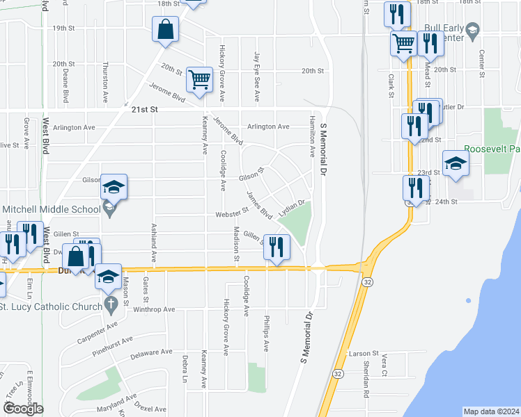 map of restaurants, bars, coffee shops, grocery stores, and more near 2618 James Boulevard in Racine
