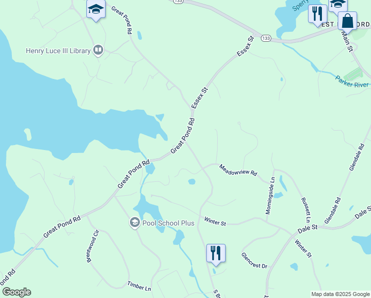 map of restaurants, bars, coffee shops, grocery stores, and more near 29 South Bradford Street in North Andover