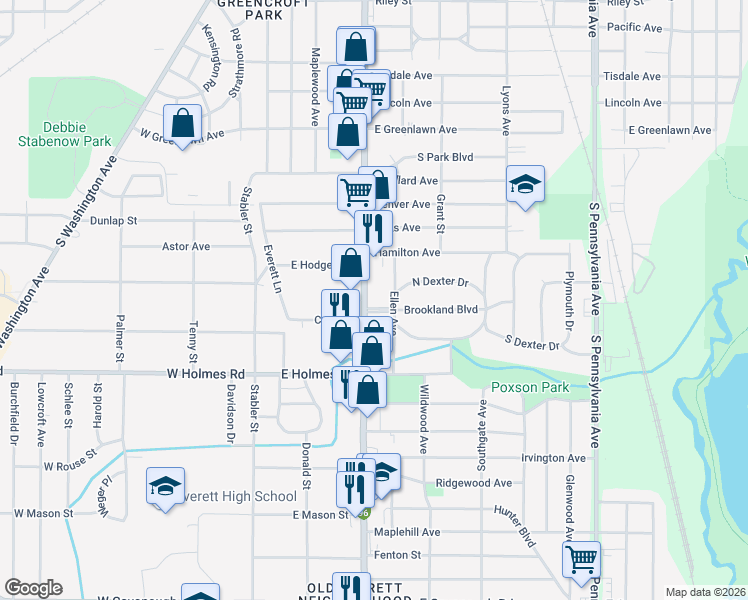 map of restaurants, bars, coffee shops, grocery stores, and more near 3213 South Cedar Street in Lansing