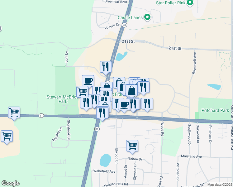 map of restaurants, bars, coffee shops, grocery stores, and more near 5900 Durand Avenue in Racine