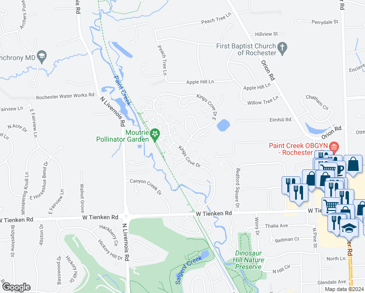 map of restaurants, bars, coffee shops, grocery stores, and more near 1474 Saddle Lane in Rochester Hills