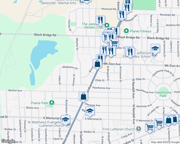 map of restaurants, bars, coffee shops, grocery stores, and more near 1221 Woodman Road in Janesville