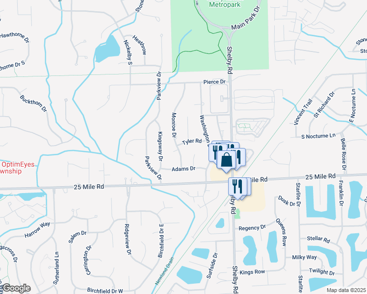 map of restaurants, bars, coffee shops, grocery stores, and more near 55436 Monroe Drive in Macomb County