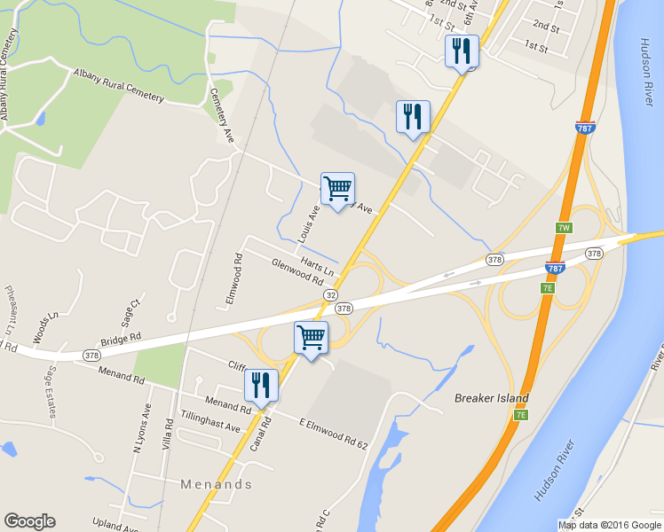 map of restaurants, bars, coffee shops, grocery stores, and more near 424 Broadway in Menands
