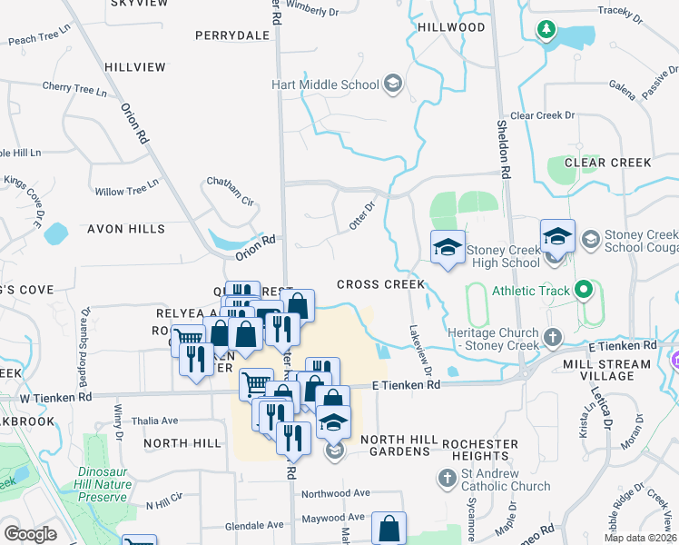 map of restaurants, bars, coffee shops, grocery stores, and more near 1413 Otter Drive in Rochester Hills