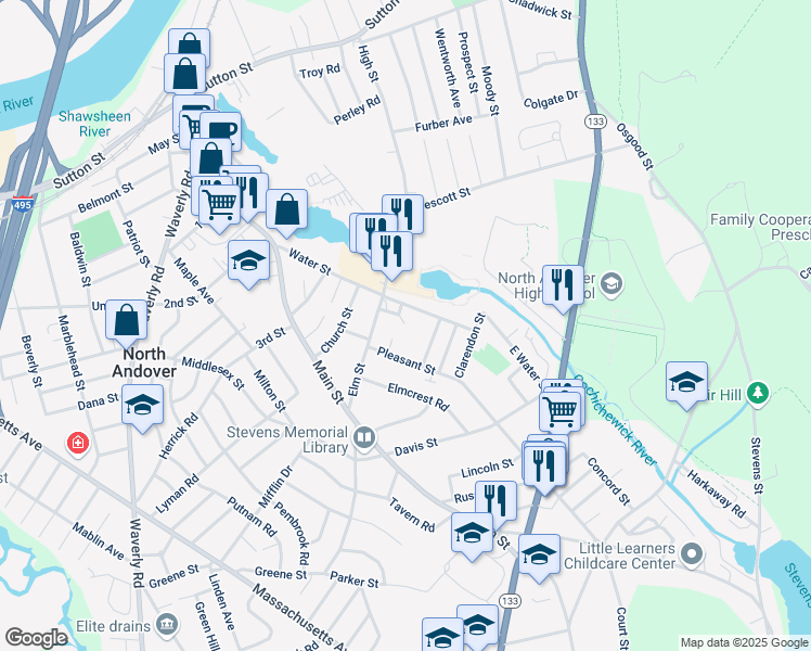 map of restaurants, bars, coffee shops, grocery stores, and more near 21 High Street in North Andover