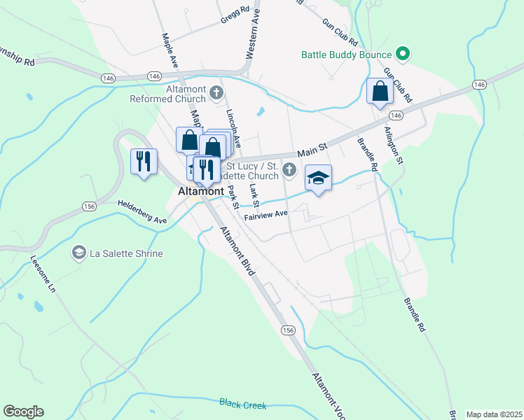 map of restaurants, bars, coffee shops, grocery stores, and more near 113 Lark Street in Altamont
