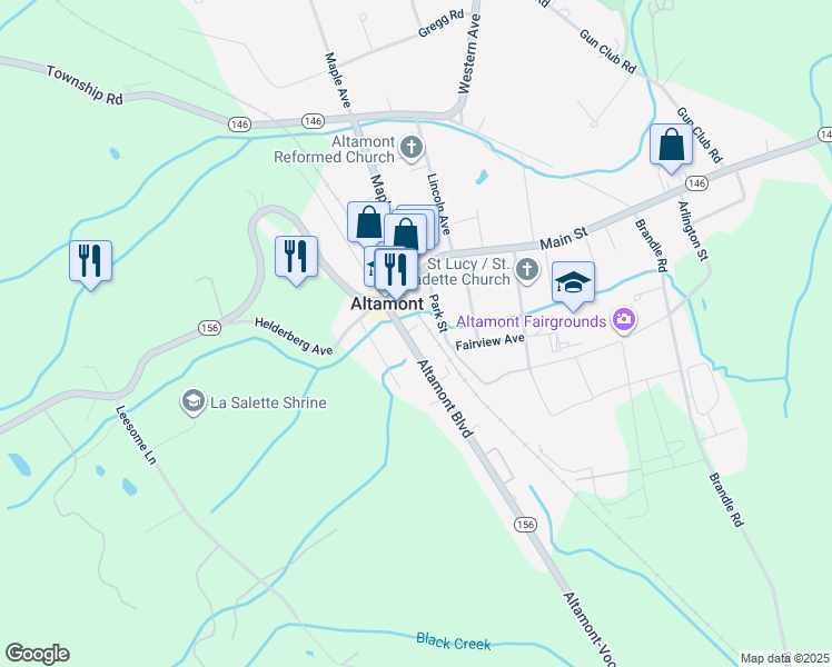 map of restaurants, bars, coffee shops, grocery stores, and more near 108 Park Street in Altamont