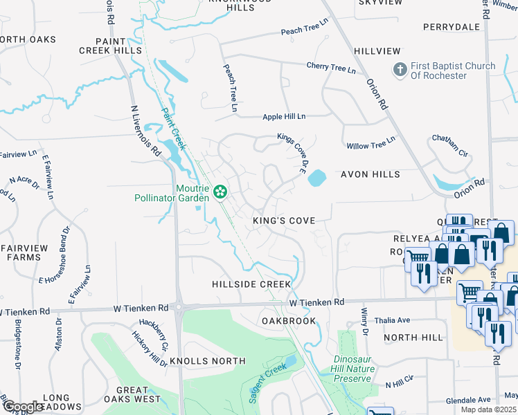 map of restaurants, bars, coffee shops, grocery stores, and more near 1474 Saddle Lane in Rochester Hills